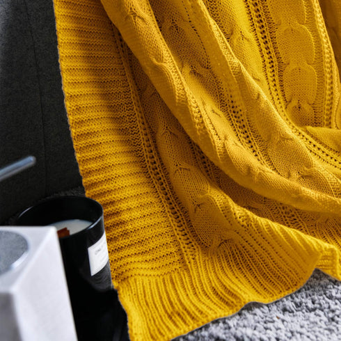jinchan 50"x60" Cozy Cable Knit Throw Blanket for Couch Lightweight Soft Throw Blanket Mustard Yellow Decorative Throws