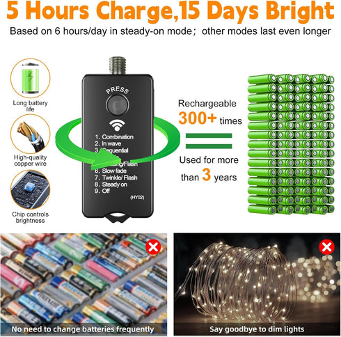 2-Pack 33FT 100LED 8 HXWEIYE Fairy Lights Battery Operated (Included) with Remote & Timer, Modes Rechargeable Twinkle