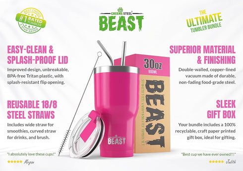 Beast 30 oz Tumbler, Stainless Steel Vacuum Insulated Coffee Ice Cup, Double Wall Travel Flask (Cupcake Pink)