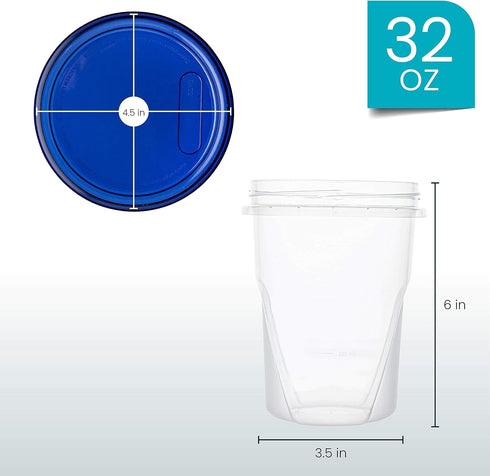 PLASTICPRO Food Storage Freezer Deli Containers Clear Bottom with Blue Top Twist on Lids Reusable, Stackable (32 oz 6