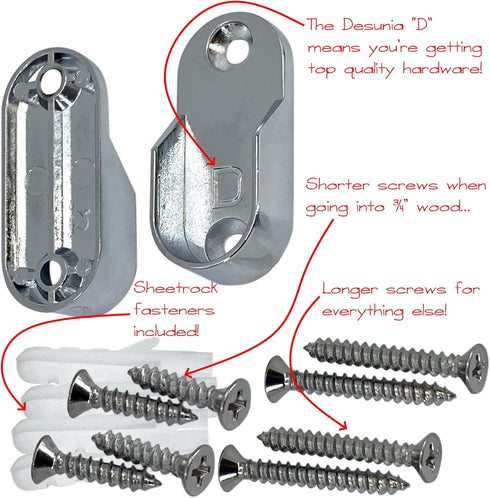 Oval Closet Rod End Supports, Screw on Type, 15mm x 30mm, Polished Chrome, 2 Pack