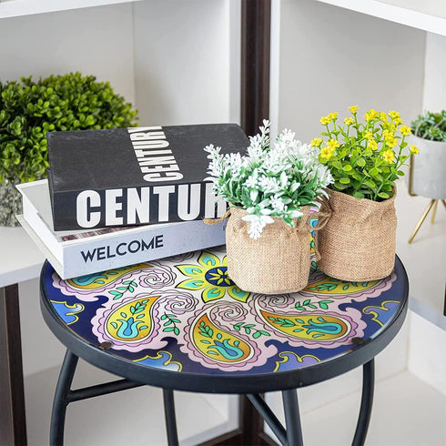 12 Inch Arbuxzuy Small Outdoor Side Table with Purple Flower, Glass Mosaic Patio Table Indoor, Round Plant Coffee Table