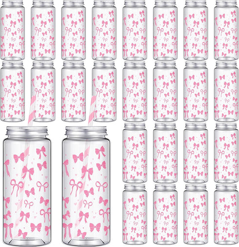 Chuangdi 24 Sets 14 oz Pink Bow Bottles with Straws and Metal Lids