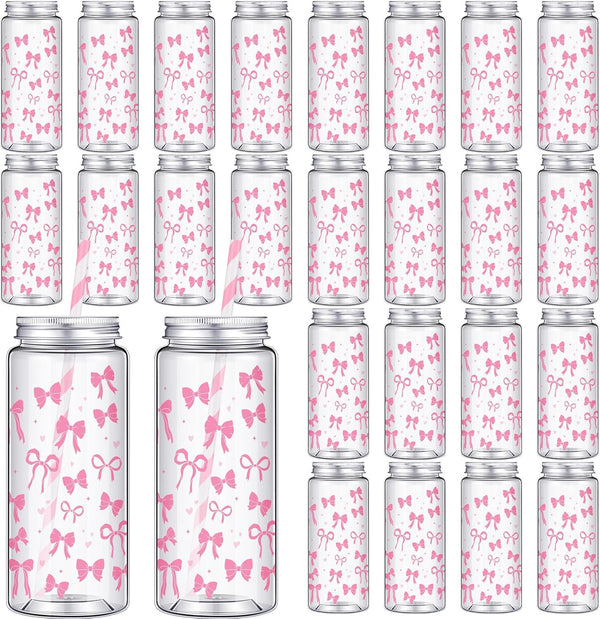 Chuangdi 24 Sets 14 oz Pink Bow Bottles with Straws and Metal Lids