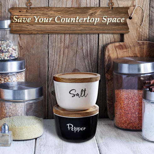 Salt and Pepper Bowls - 10 oz Ceramic Salt Cellar with Lid, Stacked Container with Acacia Wood Lid for Countertop, Set