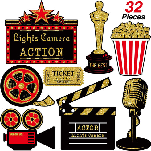 Hicarer 32 Pieces Movie Party Decorations Red Carpet Cutouts Cards Table Toppers Double Sided Printing Golden Black Red