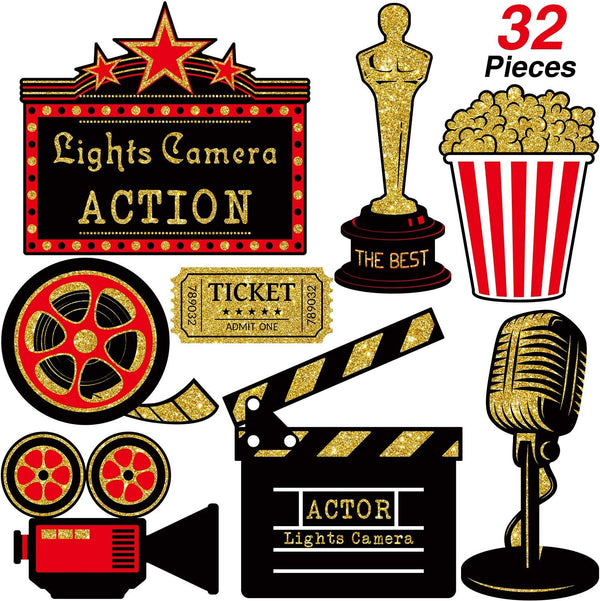 Hicarer 32 Pieces Movie Party Decorations Red Carpet Cutouts Cards Table Toppers Double Sided Printing Golden Black Red