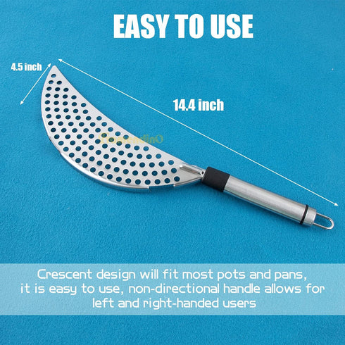 Framendino Stainless Steel Crescent Pot Strainer, Handle Strainer Pan for Noodles, Vegetables, Spaghetti