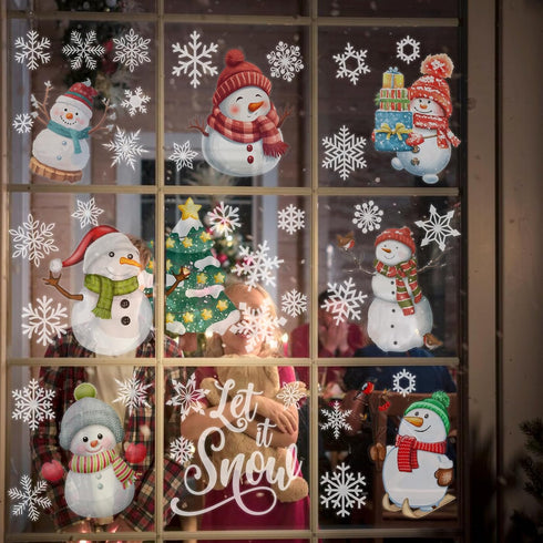 9 Sheet Christmas Window Clings, Snowman Window Decals, Snowflake Stickers for Holiday Party Decorations