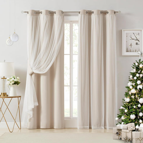 90% 84 inch Grommet 37" Wx84 Lx2 Bujasso Beige Blackout Curtains with Sheer Overlay Mix and Match Double Layer Thermal