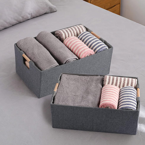 Foldable Fabric Storage Bin Box - Cotton Linen Storage Basket with Wooden Handles, Small Gray Decorative Organizer