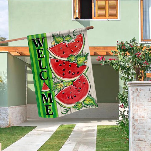 Welcome Summer Watermelon 28 x 40 House Flag, Double Sided; Farmhouse Green Stripes Garden Yard Decoration, Rustic