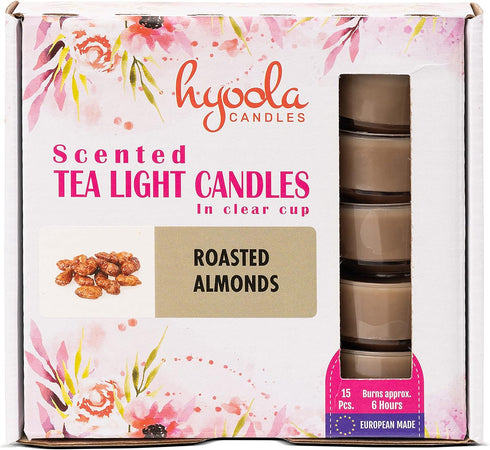 6 15 Pack HYOOLA Scented Tealight Candles - Clear Cup - Roasted Almonds Tealight Candles Scented - Hour Burn Time