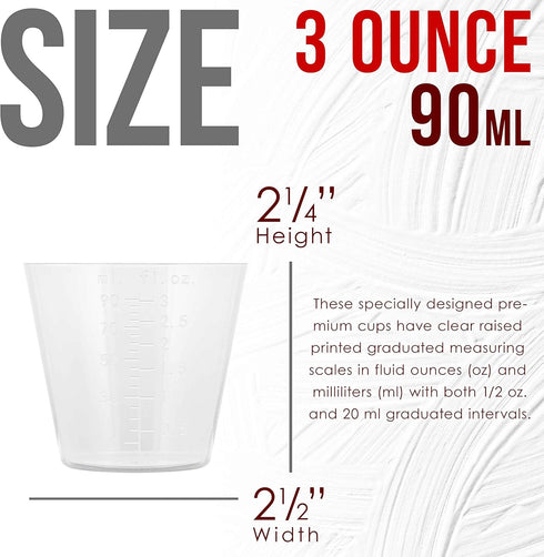 Pouring Masters 3 Oz (90 ml) (100 Pack) 25 Liquid Measuring Cups - Plastic Graduated Cup with Sticks - Reusable Mixing