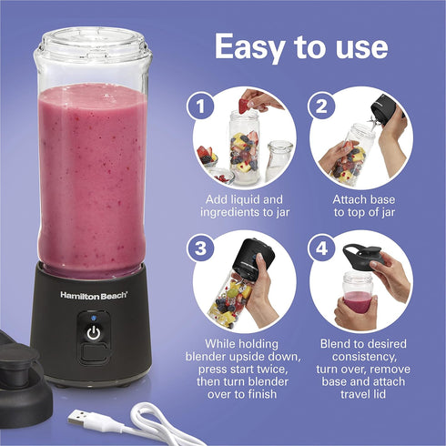 Hamilton Beach Mini Cordless Portable Blender for Shakes and Smoothies, USB Rechargeable, 16 oz Jar with Travel Lid