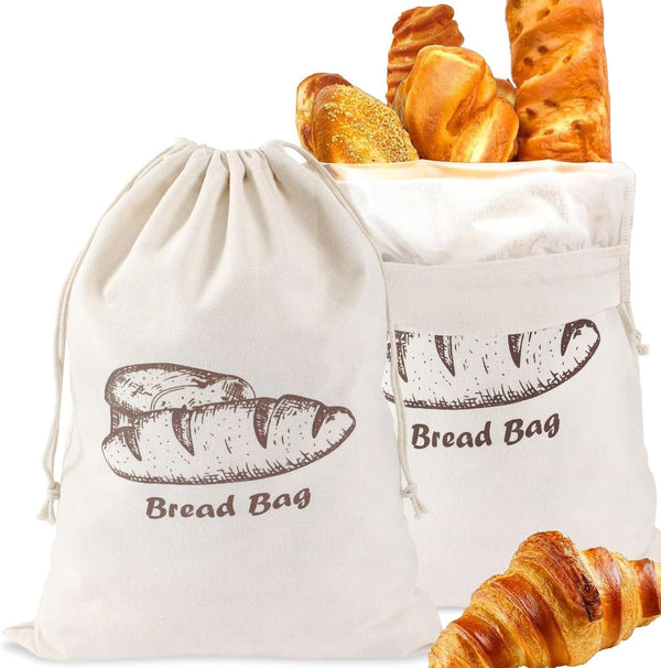 Bread Bag with Inside Lining, 2 Pack Reusable Linen Bread Storage Bags,