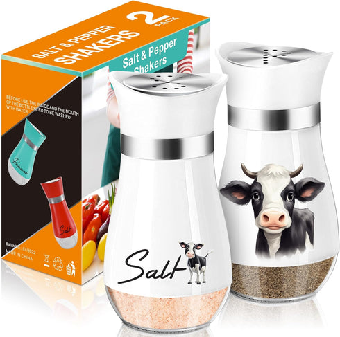 Cow Salt and Pepper Shakers Set, 4 oz Glass Bottom Shaker with Stainless Steel Lid, Country Kitchen Decor (Farmhouse
