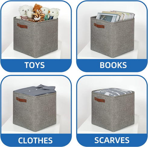 Temary 13 Inch Fabric Storage Baskets, Set of 4 Cube Bins for Home and Office with Leather Handles in Grey