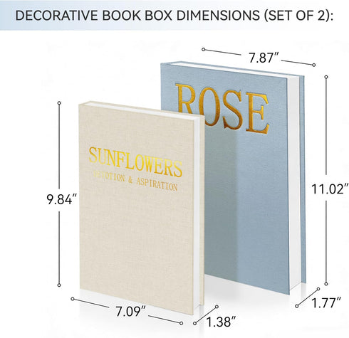 Set 2 Premium Linen Decorative Book Box of - Letter Gold Foil Embossed with Hidden Storage | Coffee Table, Bookshelf