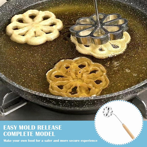 DOERDO Wooden Handle Frying Mold, 1PCS Rosette Waffle Molds for Homemade Frying, Kitchen Gadgets, Silver