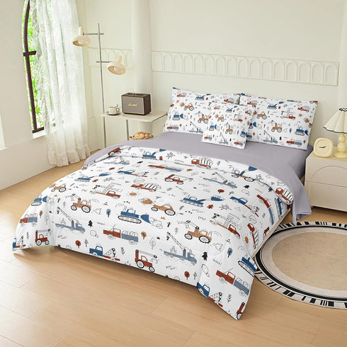 6 Set Set Peopleareok Piece Construction Comforter Twin, Cartoon Truck Cars Excavator Tractor Bedding for Boys Toddler