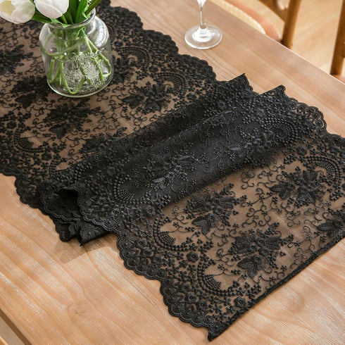 Insparkle Living 16"x48", Black Lace Table Runner Floral Embroidered Black Runner for End Table Coffee Table Buffet