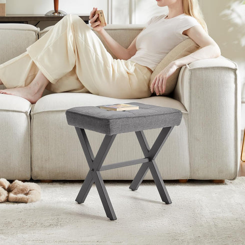 Sweetcrispy Vanity Stool Ottoman, Square Linen Makeup Stool Metal X Legs, Small Footstool Chair for Vanity, Modern
