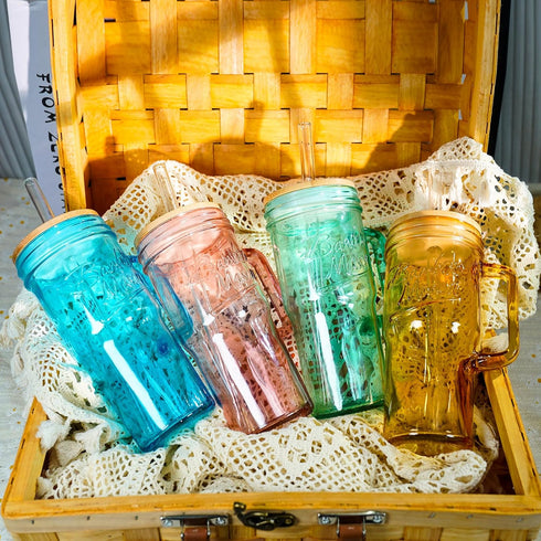 Set 4, 24oz ANOTION Colored Glass Cups with Handle of Glass Cups with Lids and Straws Travel Coffee Mug Bamboo Mason