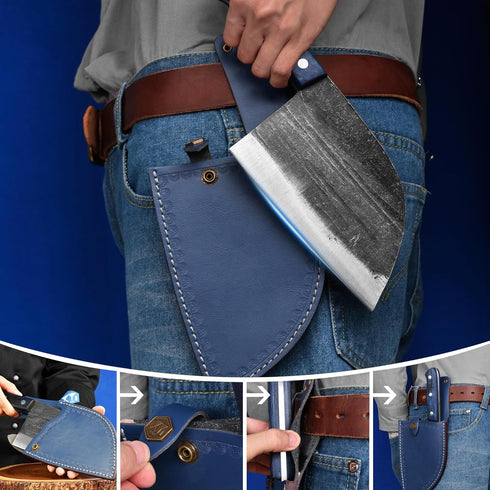XYJ Antique Forged Butcher Knife - Serbian-Style Chef's Knife with Sheath, Heavy-Duty Meat Cleaver
