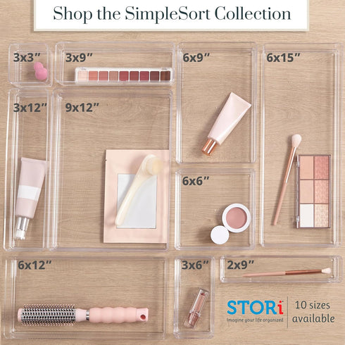 STORi SimpleSort 6-Piece Stackable Clear Drawer Organizer Set, 9" x 3" x 2" Rectangle Trays