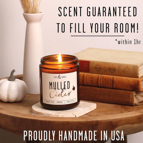 Mulled Cider Candle, Fall Scented Candle with Cinnamon & Nutmeg - Infused with Essential Oils, 9oz Reusable Jar