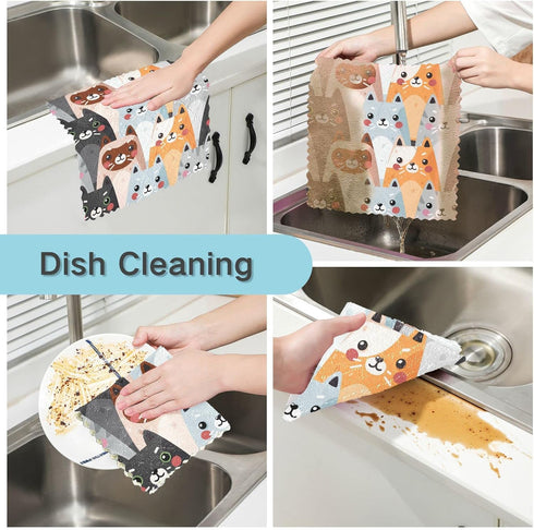 Cute Cats Microfiber Reusable Cleaning Cloths Kitchen Dish Cloths Dish Rags for Washing Dishes, Animal Dish Towels Washcloths for Kitchen Drying, 6 Pack by CaTaKu
