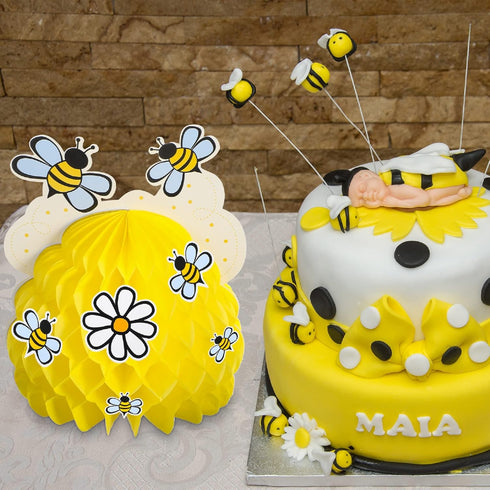 4 Pieces Honey Bee Centerpieces with Sunflower Stickers, Honeycomb Decorations for Bee Day Gender Reveal Birthday Party