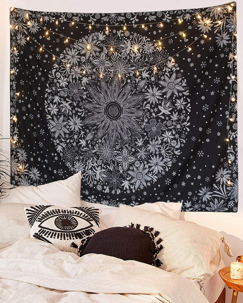Neasow Bohemian Tapestry Wall Hanging, Black and White Floral Tapestry, 60×80 inches, Boho Decor