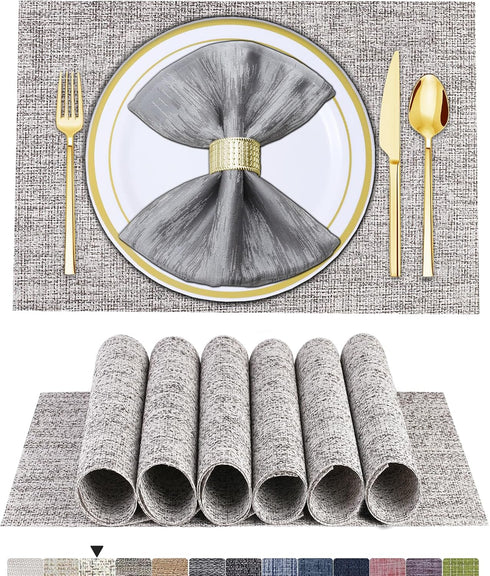 BETEAM Set of 6 Woven Vinyl Placemats - Washable, Durable Indoor Outdoor Table Mats -01 Smoky Grey