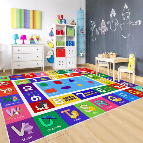 4' 2'7" ABC Kids Play Rug - Number Alphabet Shape Fruit Learning Educational Area Rug - Large Non-Slip Kids Room Play