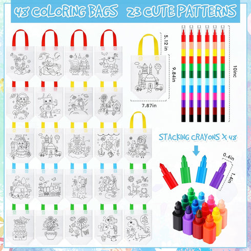 48 Chunful Pieces Coloring Goodie Gift Bags for Kids Birthday Party Reusable Coloring Tote Bags Cute Cartoon Colorful