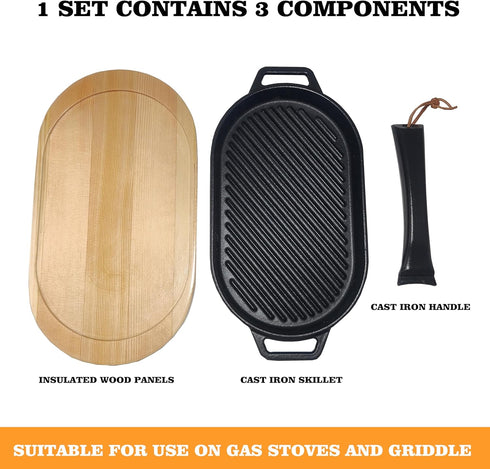 JIN BETTER GRILL PARTS New Skillet with Insulated Wooden Cushion, Removable Handle for Gas Cooktops and Grills