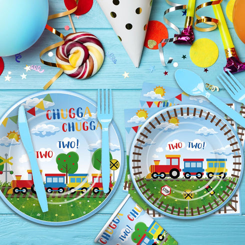APOWBLS 2nd 24 Chugga Chugga Two Two Birthday Party Supplies, Paper Plate, Cup, Napkin, Disposable Cutlery, Tablecloth