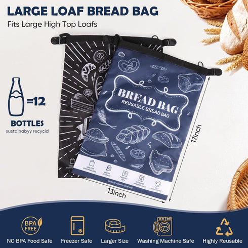 Seaury Kareen 2 Packs Bread Bag, Reusable Sourdough Storage Bag With Zipper for Homemade Loaf- Large Freezer Container