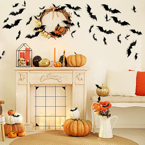 TDHDIKE 64 Pcs Halloween Decorations Black Bats Wall Decor, Reusable PVC 3D Stickers for Indoor Outdoor Party Decor