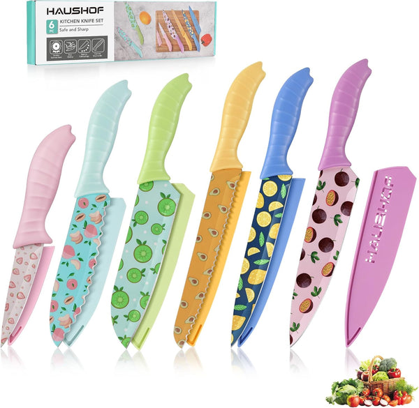 HAUSHOF Kitchen Knife Set - 12-Piece Colorful Knives with 6 Sheaths, Non-Stick Stainless Steel Blades for Gifts