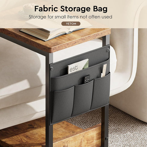 2-Tier YeTom Side Table,C Table with Storage Shelf, End Table with a Storage Bag, Sofa Table with Wheels for Living