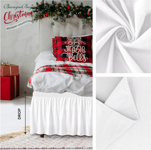 Biscaynebay Wrap Around Bed Skirts - Extra Short Drop of 9" for King & Cal King Beds, White Elastic Dust Ruffles