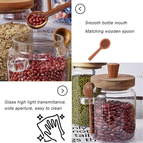Taefaba 3PCS Spoon,17 OZ Spice Jars Overnight Oats Containers with Airtight Lid and Wooden Glass Food Storage