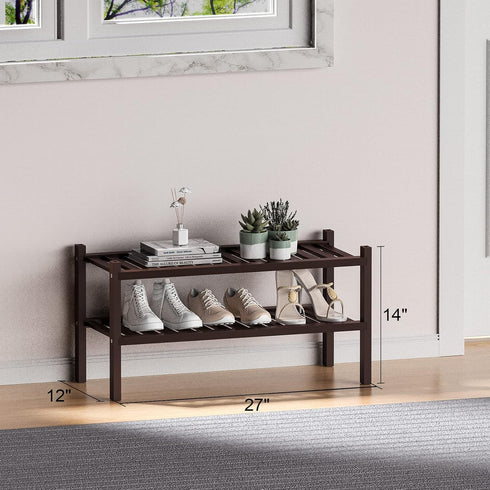 ROMGUAR CRAFT 2 Closet 27"x12"x14" Tier (Thick) Bamboo Shoe Rack for Free Standing Wood Shoe Shelf for Entryway Small