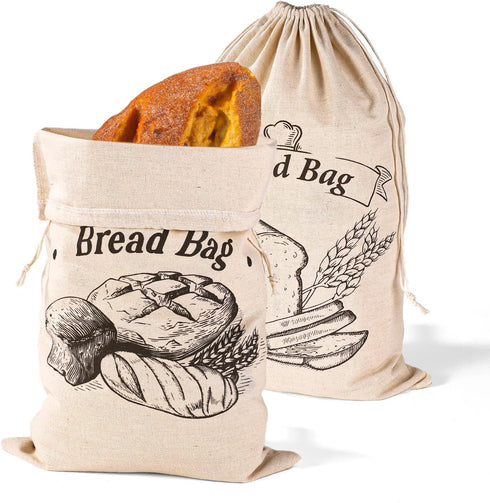 PEUTIER 2pcs Unbleached Bread Bags, 17.8x11.8 Inch Reusable Bread Container Washable Loaf Bags