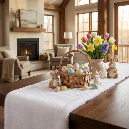 60 inches duduta White Faux Fur Table Runner Long, Fluffy Dresser Runner Covers Coffee Table Runner Spring Easter Decor
