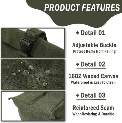 Kaaltisy Heavy Duty Lunch Bags - Waterproof Waxed Canvas Roll-top Lunch Box with Adjustable Buckle, Green