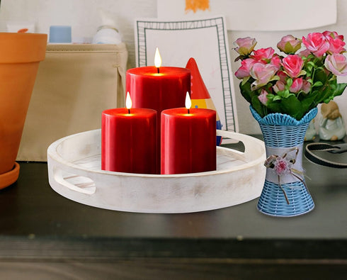 Winlay Set 2 12x12x1.5 Decorative Coffee Table Tray, of White, Wooden Round Serving Tray for Living Room, Wood Ottoman